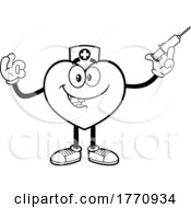 Poster, Art Print Of Cartoon Black And White Heart Mascot Character Nurse Holding A Vaccine