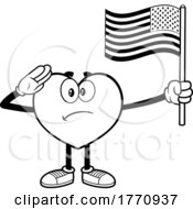 Cartoon Black And White Heart Mascot Character Holding An American Flag And Saluting