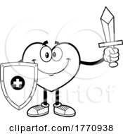 Cartoon Black And White Heart Mascot Character Holding A Sword And Shield