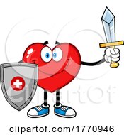 Poster, Art Print Of Cartoon Heart Mascot Character Holding A Sword And Shield