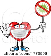 Cartoon Heart Mascot Character Wearing A Covid Mask And Holding A Sign