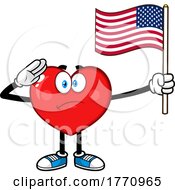 Cartoon Heart Mascot Character Holding An American Flag And Saluting