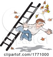 Cartoon Man Falling Off Of A Ladder While Cleaning Gutters