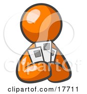 Orange Man Holding Three Coupons Or Envelopes Symbolizing Communications Or Savings