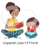 Poster, Art Print Of Kid Boy Mom Eat Watermelon Black Illustration