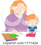 Boy Mother Teach Paper Plane Folding Illustration