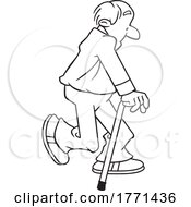 Cartoon Black And White Elderly Man Walking With A Cane