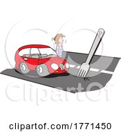 Cartoon Woman Standing Outside Her Car At A Fork In The Road