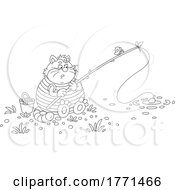 Cartoon Black And White Fat Cat Fishing