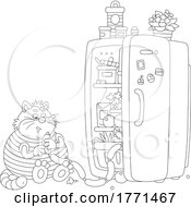Cartoon Black And White Fat Cat Eating Sausage At An Open Refrigerator