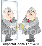 Cartoon Fat Man Holding A Gift In Front Of A Mirror
