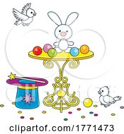 Poster, Art Print Of Cartoon Easter Bunny Eggs Birds And Top Hat With Magic Wand