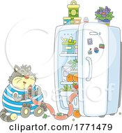 Cartoon Fat Cat Eating Sausage At An Open Refrigerator by Alex Bannykh