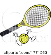 Cartoon Tennis Ball Mascot Jumping Under A Racket