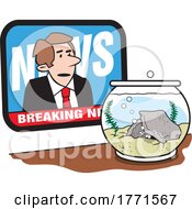 Poster, Art Print Of Cartoon Scared Fish Listening To News And Hiding In A Bowl