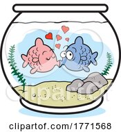 Poster, Art Print Of Cartoon Kissing Fish In A Bowl With Hearts