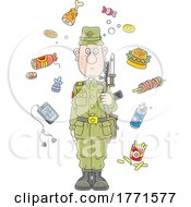 Cartoon Soldier Thinking Of Junk Foods