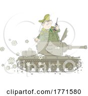 Cartoon Angry Army General Using A Walkie Talkie On A Tank