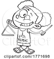 Cartoon Black And White Girl Wearing An I Love Music Shirt And Playing A Triangle