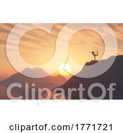 Poster, Art Print Of 3d Silhouette Of A Female In Yoga Positon On A Mountain Top Against Sunset Sky