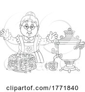 Cartoon Black And White Lady With Samovar And Pancakes