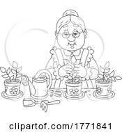 Poster, Art Print Of Cartoon Black And White Lady Potting Plants