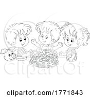 Cartoon Black And White Dog And Children With Pancakes