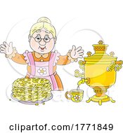 Poster, Art Print Of Cartoon Lady With Samovar And Pancakes