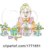 Cartoon Senior Woman Potting Plants