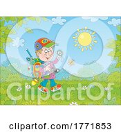 Poster, Art Print Of Cartoon Boy Using A Compass And Hiking