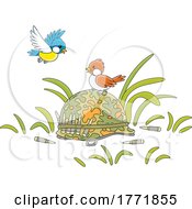 Poster, Art Print Of Cartoon Birds And Abandoned Helmet On The Ground