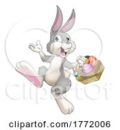 Poster, Art Print Of Easter Bunny Cartoon Rabbit With Eggs Basket