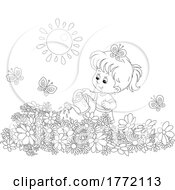 Cartoon Happy Girl Watering Flowers In A Garden
