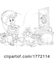 Poster, Art Print Of Cartoon Boy And Cat Watching A Fish On Tv In A Play Room
