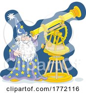 Cartoon Wizard Star Gazing With A Telescope