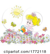 Cartoon Girl Watering Flowers In A Garden