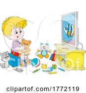 Cartoon Boy And Cat Watching A Fish On TV In A Play Room