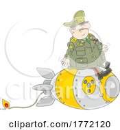 Cartoon Army General Sitting On A Lit Atomic Bomb