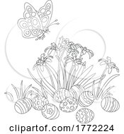Poster, Art Print Of Cartoon Black And White Butterfly Over Iris Flowers And Easter Eggs