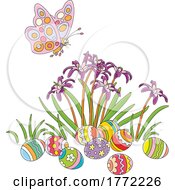 Poster, Art Print Of Cartoon Butterfly Over Iris Flowers And Easter Eggs