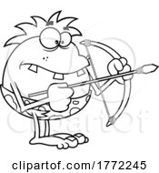 Cartoon Black And White Caveman Holding A Bow And Arrow