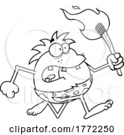 Cartoon Black And White Caveman Running With A Torch