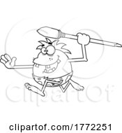 Cartoon Black And White Caveman Throwing A Spear