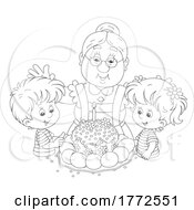 Cartoon Black And White Granny And Children With An Easter Cake