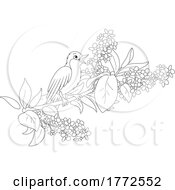 Cartoon Black And White Nightingale Bird Perched On A Floral Branch