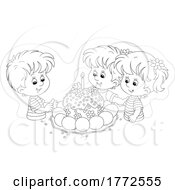 Cartoon Black And White Children With An Easter Cake