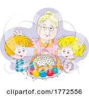 Cartoon Granny And Children With An Easter Cake
