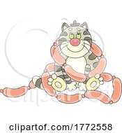 Poster, Art Print Of Cartoon Happy Cat Draped In Sausage Links