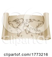 World Map Drawing Old Woodcut Engraved Scroll by AtStockIllustration
