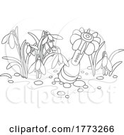 Cartoon Black And White Missile In The Ground And Snowdrop Flowers by Alex Bannykh